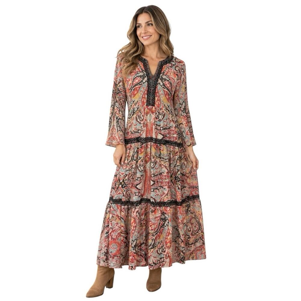 Reba Womens Size Large Multicolor Long Sleeve Tiered Maxi Dress Boho Cottagecore